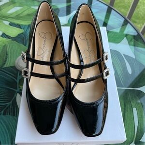 Jessica Simpson Black Patent Mary Jane Pumps with Rhinestone Buckles